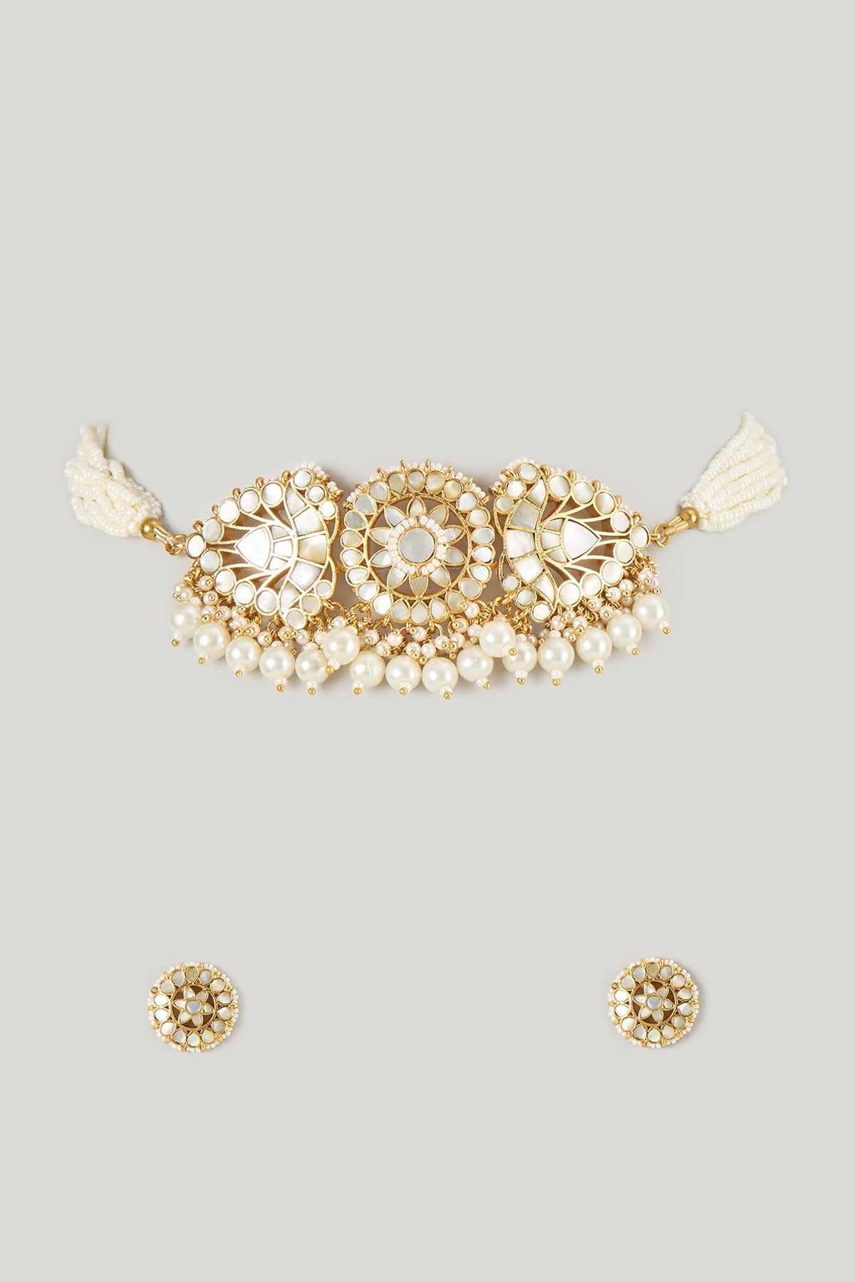 Micro Gold Finish Mother Of Pearl & Kundan Polki Choker Necklace Set