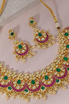 Gold Finish Pink & Green Kundan Polki Necklace Set