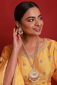 Gold Finish Green Kundan Polki & Pearl Drop Long Necklace Set