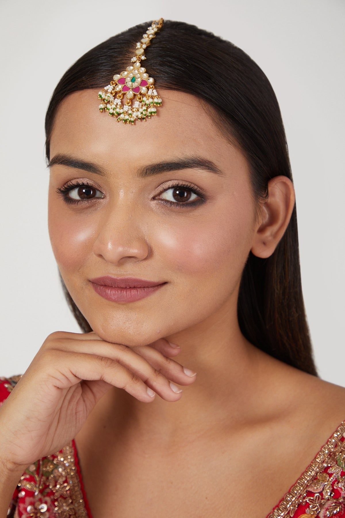 Gold Finish Pearl & Kundan Polki Maang Tikka