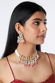 Gold Finish Baby Pink Beaded Choker Necklace Set
