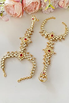 Gold Finish Kundan Polki & Pink Stone Hathphool (Set of 2)