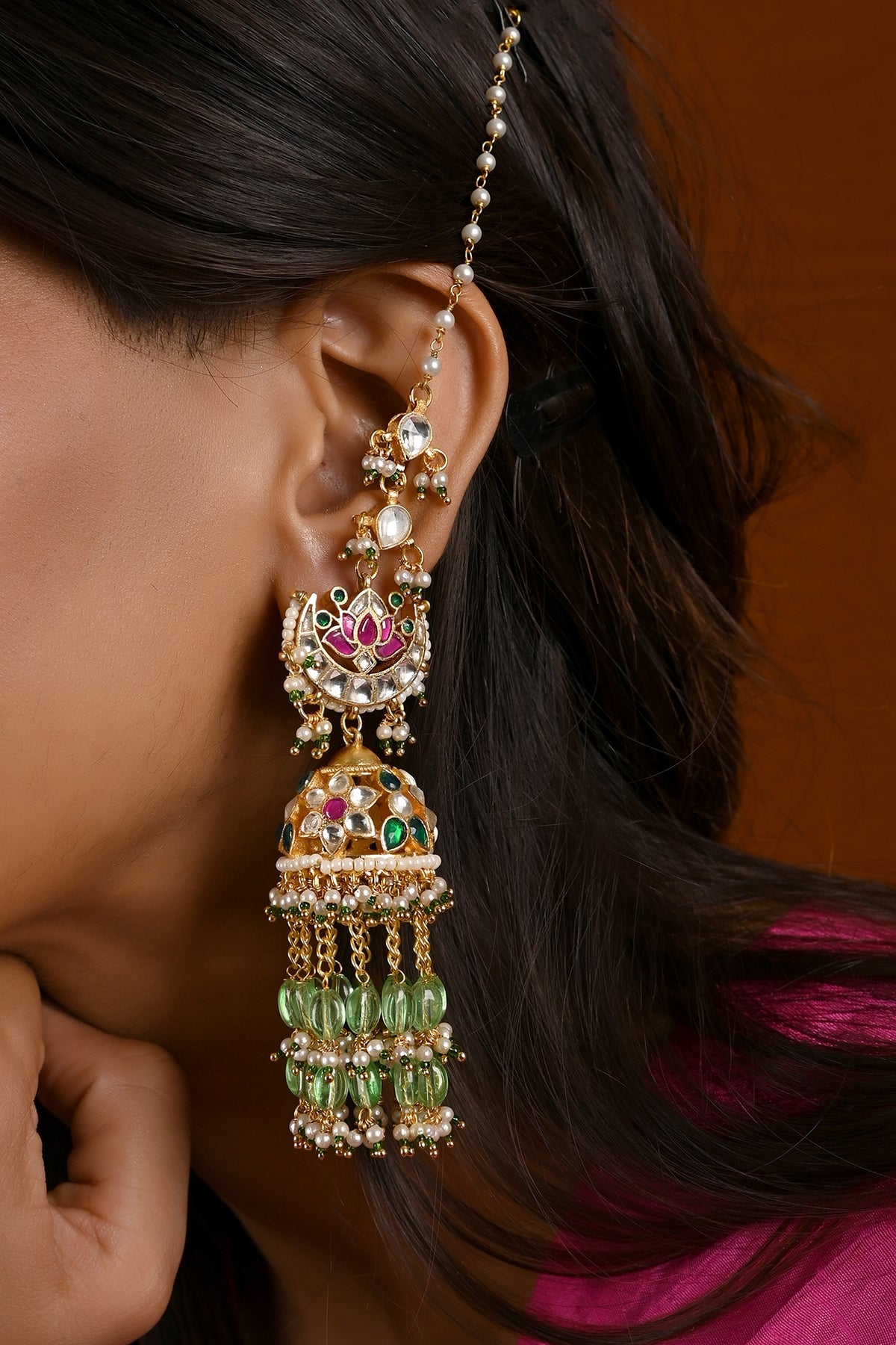 Gold Finish Pink & Green Kundan Polki Jhumka Earrings
