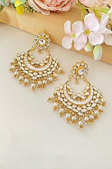 Micro Gold Finish Pearl Drop & Kundan Polki Chandbali Earrings