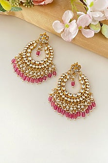 Micro Gold Finish Kundan Polki & Pink Drop Chandbali Earrings