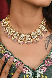 Micro Gold Finish Kundan Polki & Purple Drop Necklace Set