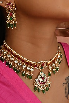 Micro Gold Finish Pink Kundan Polki & Green Drop Necklace Set