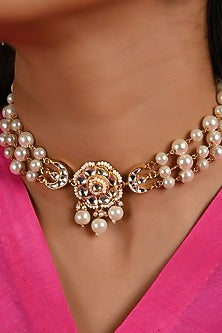 Micro Gold Finish Kundan Polki & Pearl Drop Choker Necklace Set
