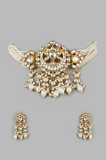 Micro Gold Finish Kundan Polki & Pearl Choker Necklace Set