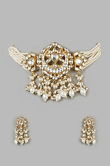 Micro Gold Finish Kundan Polki & Pearl Choker Necklace Set