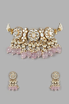 Micro Gold Finish Rose Quartz Choker Necklace Set