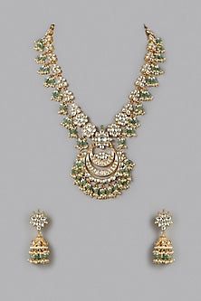 Micro Gold Finish Kundan Polki & Mint Green Beaded Long Necklace Set