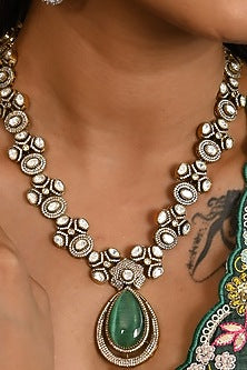 Micro Gold Finish Kundan Polki & Mint Stone Long Necklace Set