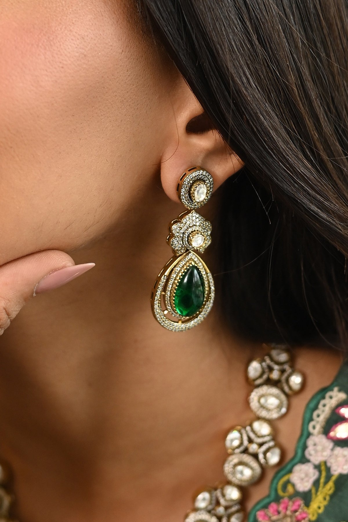 Micro Gold Finish Kundan Polki & Mint Stone Long Necklace Set