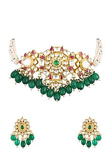 Gold Finish Green Stone Choker Necklace Set