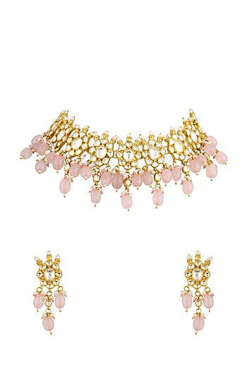 Gold Finish Rose Quartz Choker Necklace Set