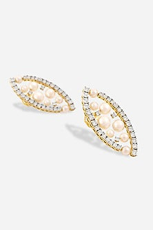18kt Yellow Gold Finish Diamond & Pearl Oval-Shaped Earrings