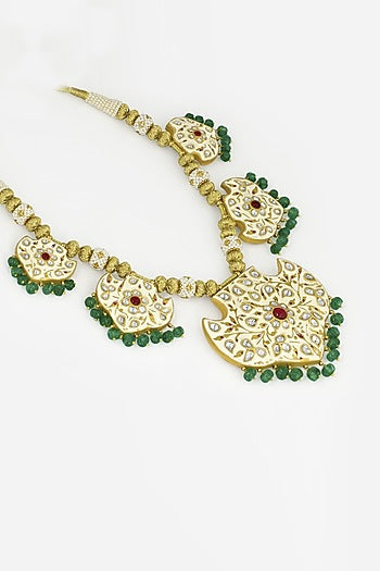 18kt Yellow Gold Finish Kundan Polki & Green Beaded Jadau Necklace