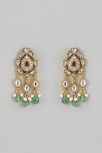 Gold Finish Kundan Polki & Jadau Dangler Earrings In Sterling Silver