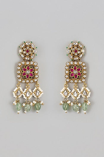 Gold Finish Kundan Polki & Jadau Dangler Earrings In Sterling Silver