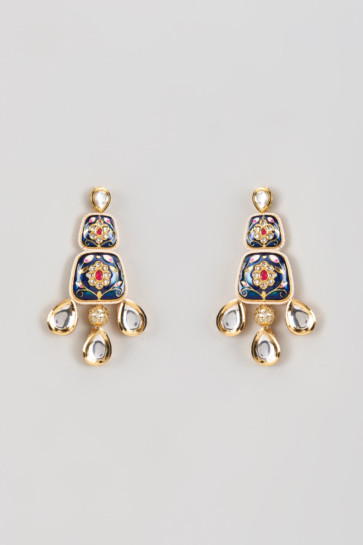 Gold Finish Kundan Polki Blue Meenakari Dangler Earrings