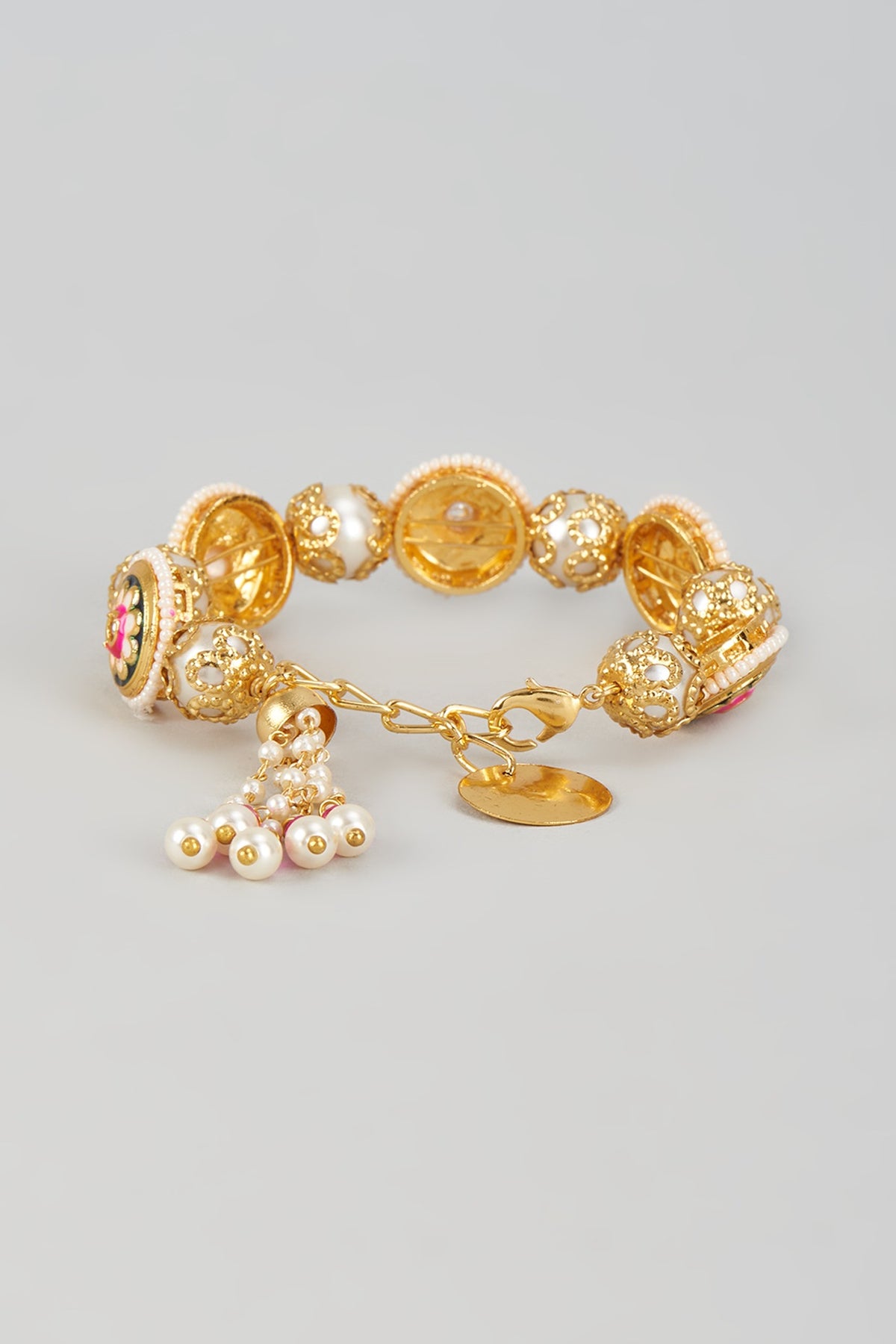 Gold Finish Kundan Polki & Pearl Meenakari Cuff