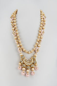 Gold Finish Kundan Polki & Pearl Meenakari Long Necklace