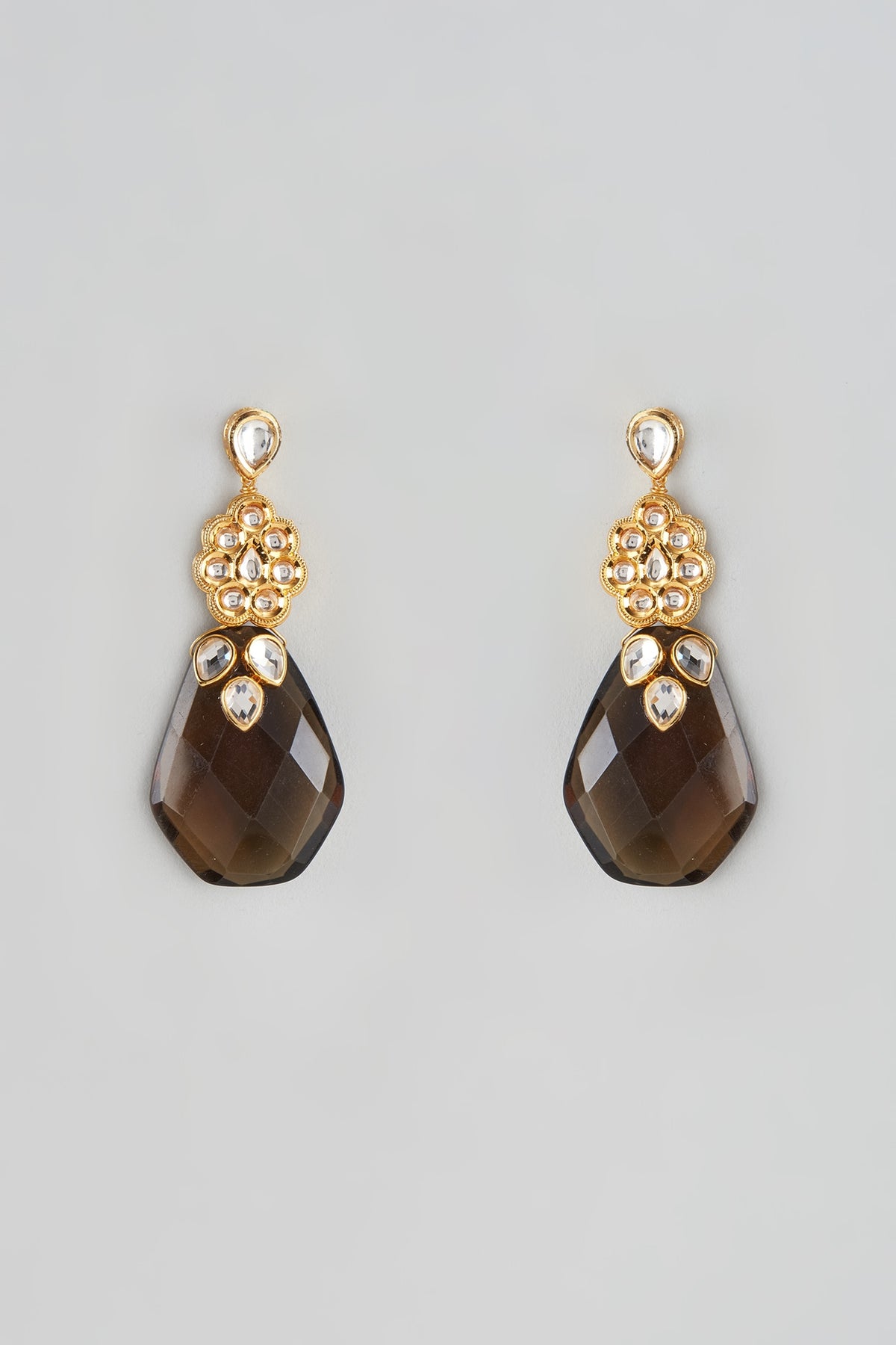 Gold Finish Kundan Polki & Brown Topaz Dangler Earrings