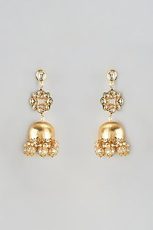 Gold Finish Kundan Polki & Pearl Jhumka Earrings