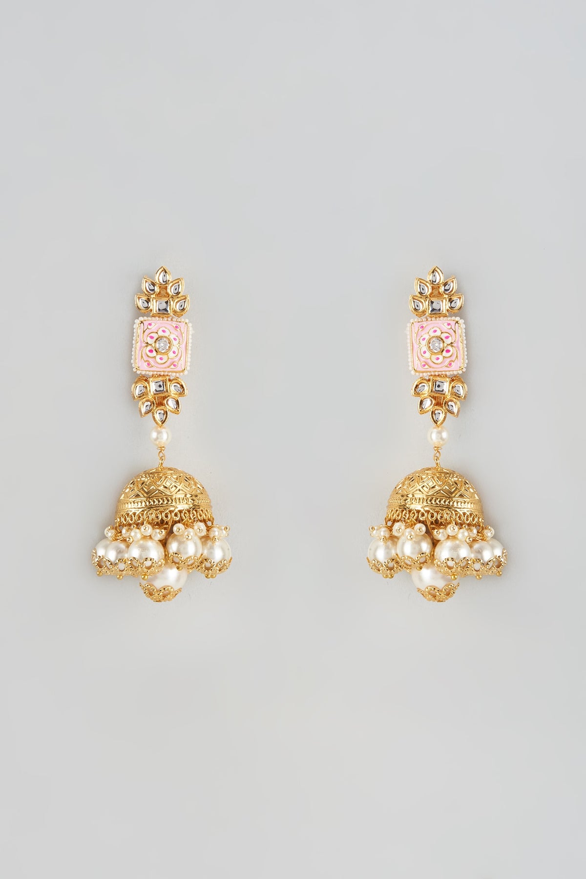 Gold Finish Kundan Polki Meenakari Jhumka Earrings
