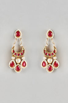 Gold Finish Kundan Polki & Ruby Synthetic Stone Chandbali Earrings