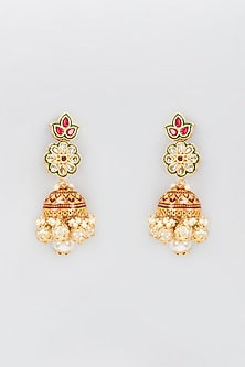 Gold Finish Kundan Polki Meenakari Jhumka Earrings