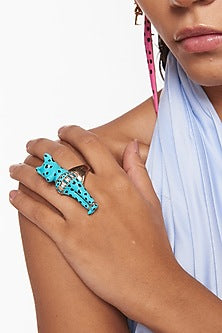 Gold Finish Satin Sky Blue Enameled Ring