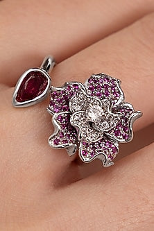 Silver Plated Ruby Stone Floral Ring