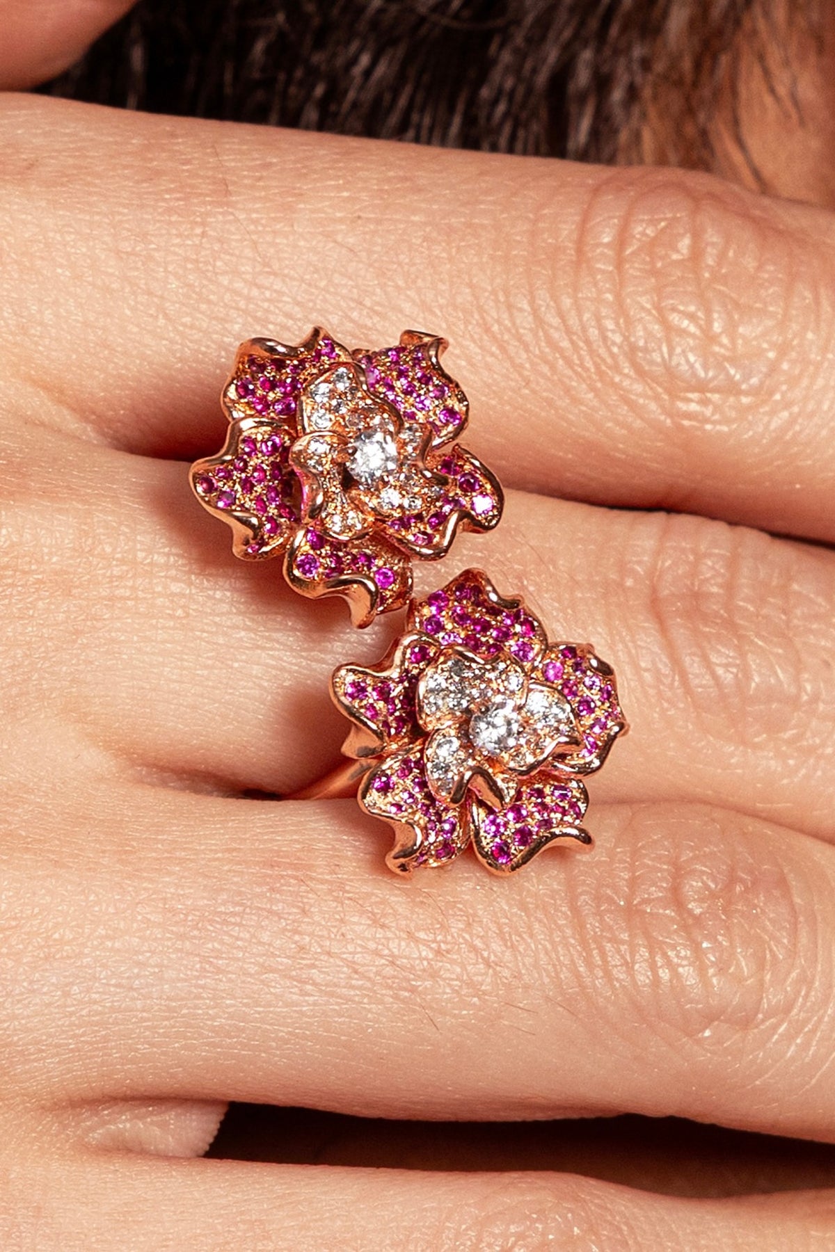 Rose Gold Plated Ruby Stone Floral Ring