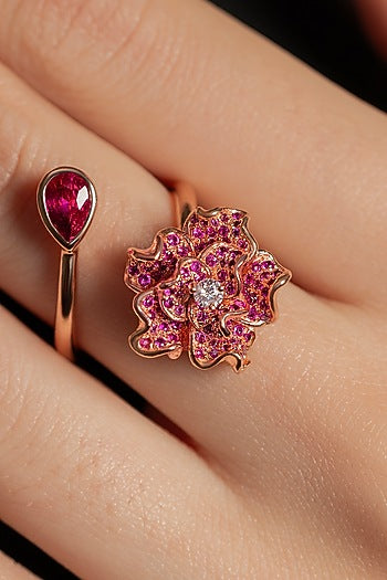 Rose Gold Plated Ruby Stone Floral Ring