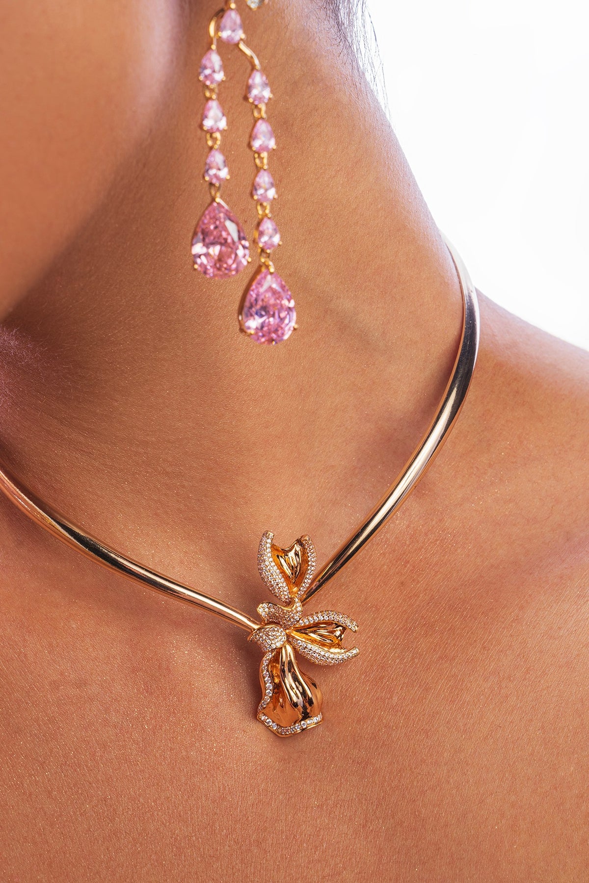 Gold Plated Pink Rose Quartz Handcrafted Dangler Earrings