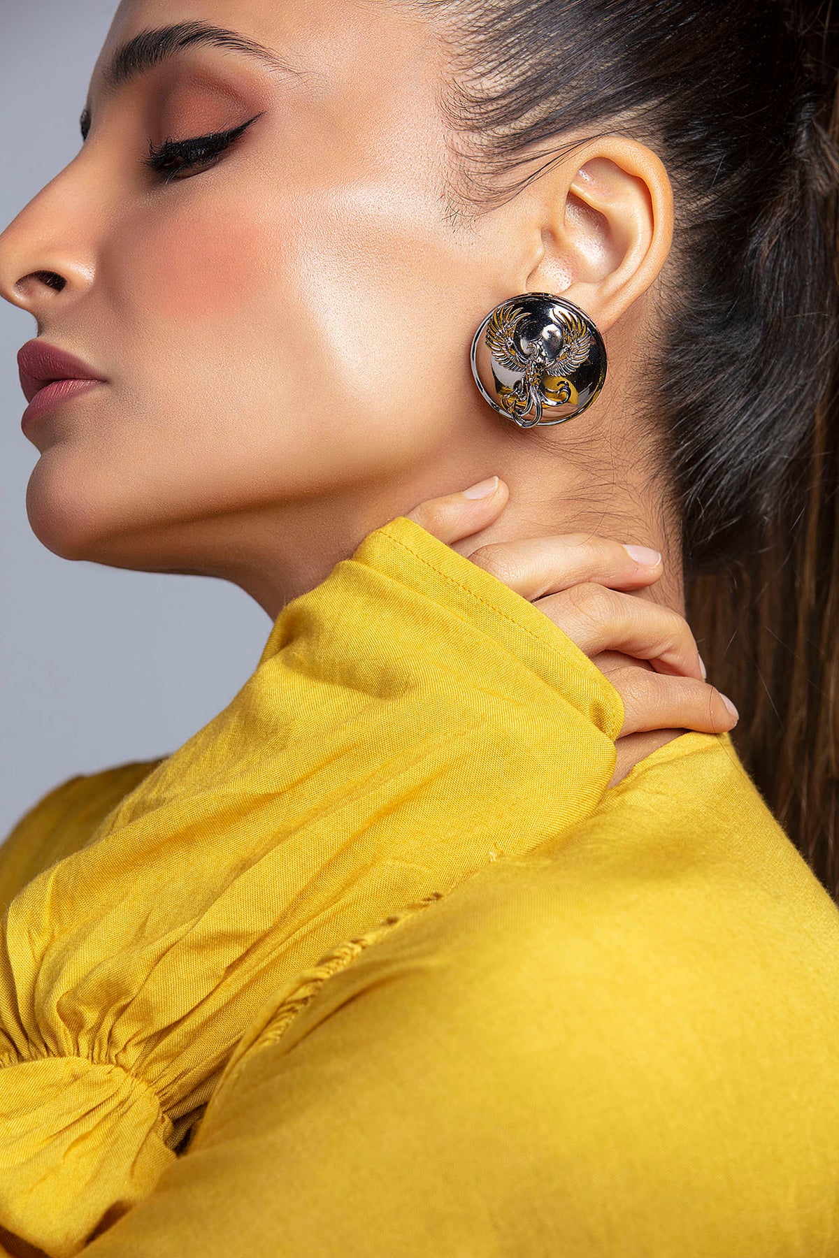 Gunmetal Finish Stud Earrings With Phoenix Motif