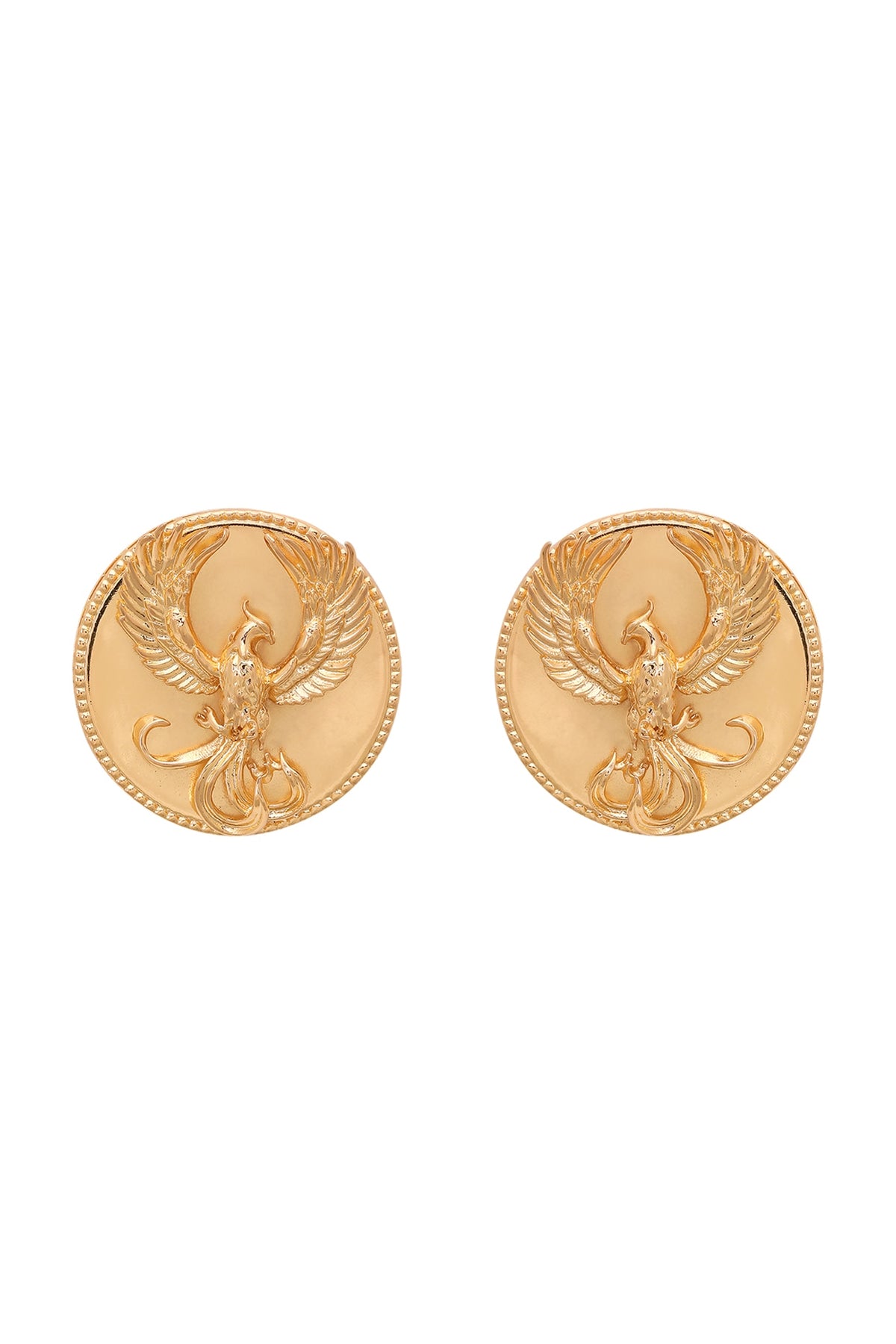 Gold Finish Stud Earrings With Phoenix Motif