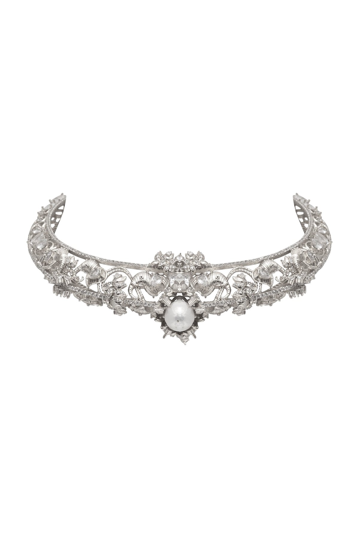 White Plated Swarovski & Baroque Pearls Necklace