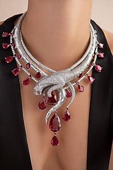 White Finish Red Swarovski Long Necklace In Sterling Silver