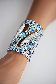 White Finish Aqua Swarovski Cuff In Sterling Silver