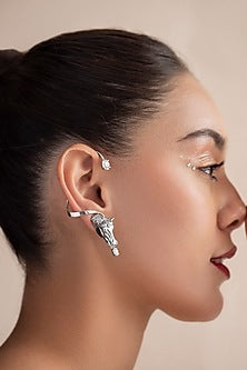 White Finish Swarovski Stone Horse Face Ear Cuff In Sterling Silver