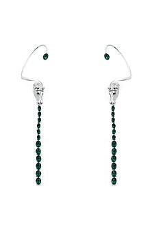White Finish Green Swarovski Stone Horse Face Ear Cuff In Sterling Silver