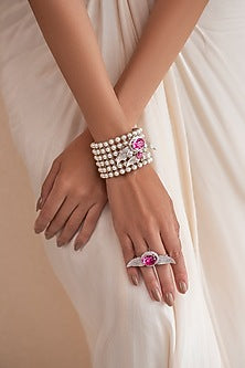 White Finish Swarovski Crystal & Pearl Handcuff In Sterling Silver