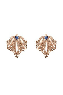 Rose Gold Plated Sapphire & Crystal Hand Carved Leave Stud Earrings