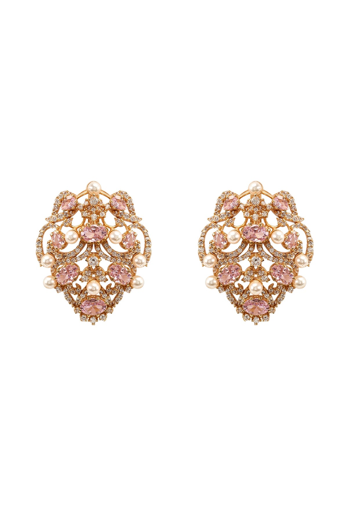 Gold Plated Rose Quartz & Crystal Stud Earrings