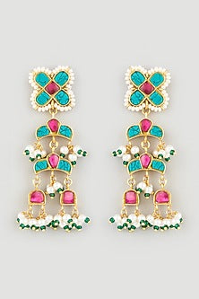 Gold Finish Kundan Polki Dangler Earrings In Sterling Silver