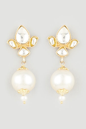 Gold Finish Mother Of Pearl & Kundan Polki Dangler Earrings In Sterling Silver