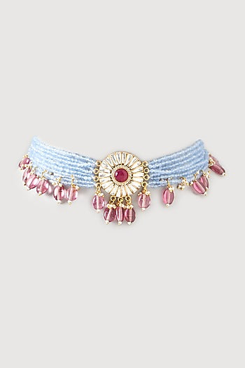 Gold Plated Kundan Polki Handcrafted Choker Necklace In Sterling Silver